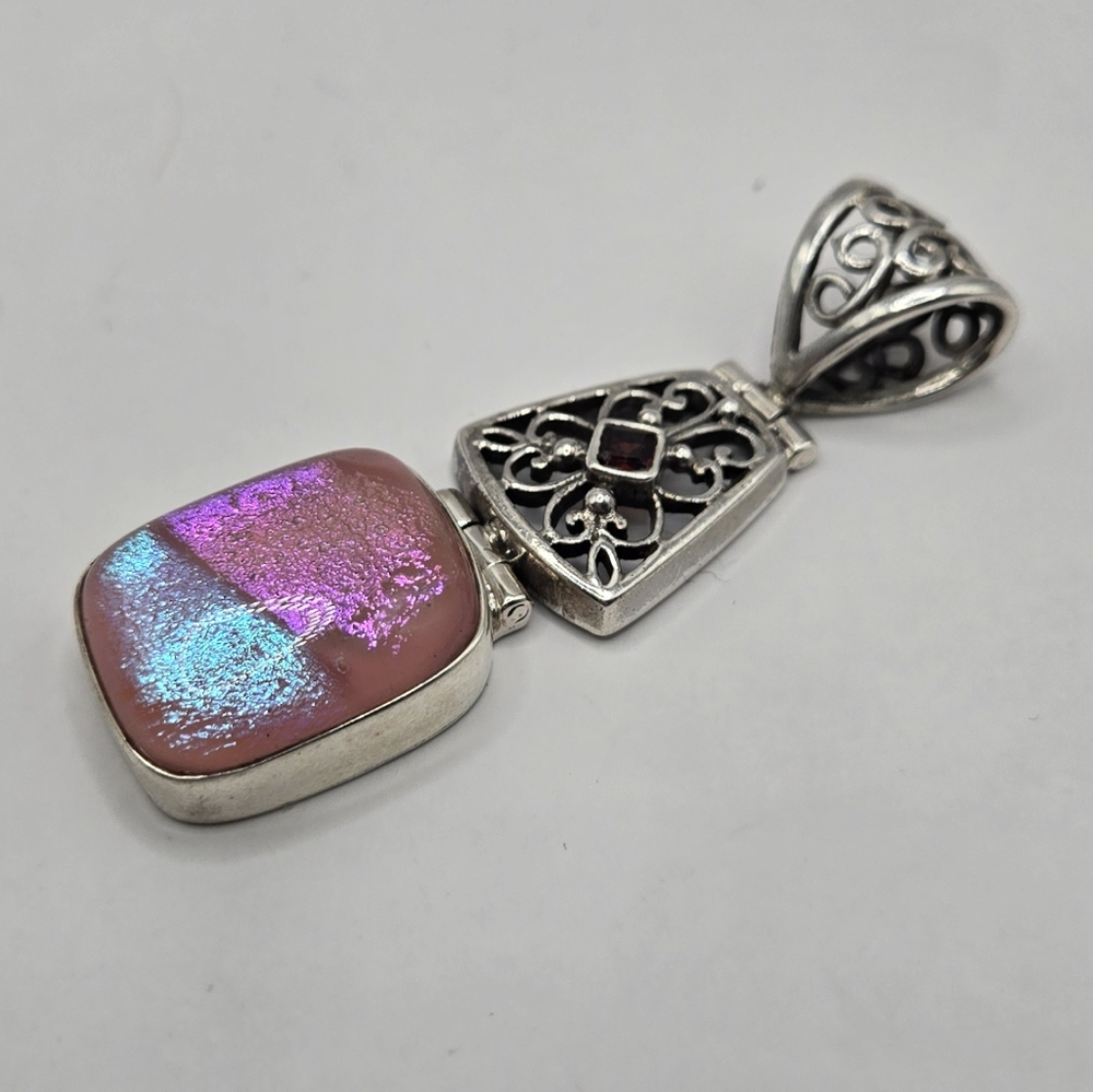 Pink & Blue Flashing Dichroic Glass & Garnet Sterling Silver Filigree Pendant